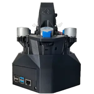 Front view of an OpenFlexure Microscope featuring USB ports, stepper motors, and a modular 3D-printed structure.