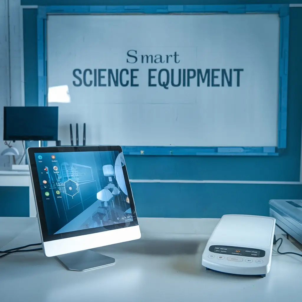 A modern laboratory setup featuring a computer with a scientific interface on the screen and a digital precision device, with a sign reading "Smart Science Equipment" in the background.