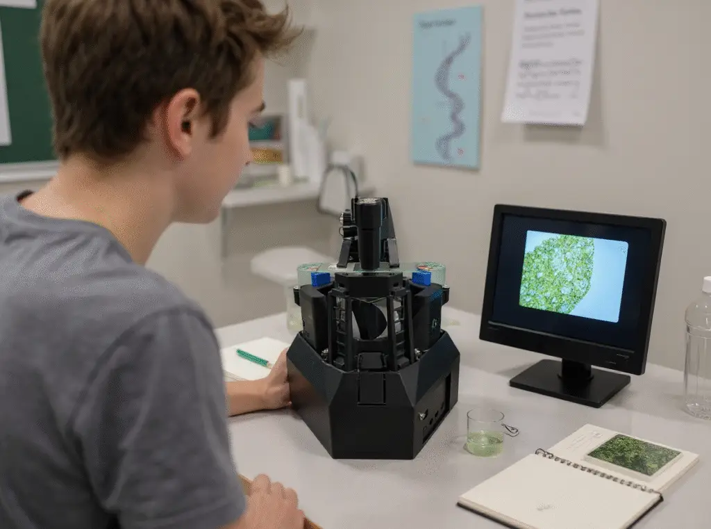 A student uses an OpenFlexure Microscope to examine a leaf sample, with the live image displayed on a nearby monitor.